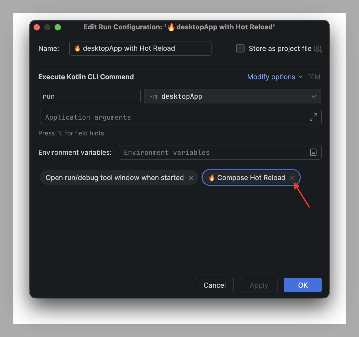 Compose Hot Reload setting in Run configuration